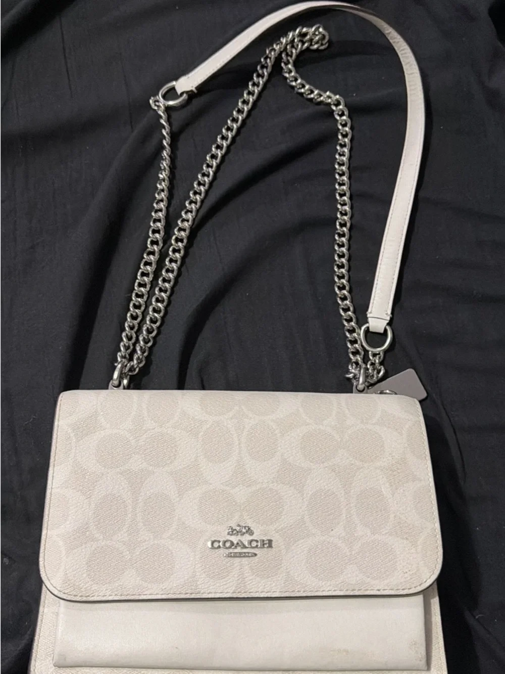 Coach Cream Signature Flap Crossbody with Silver Chain